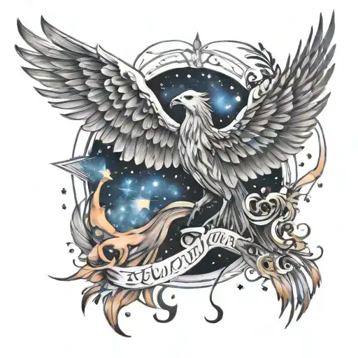 A tattoo design inspired by Taylor Swift lyrics intertwined with elements of poetry, incorporating a phoenix rising from a galaxy background tattoo design idea