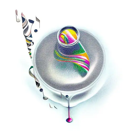 A realistic tattoo of a nail polish bottle pouring out musical notes tattoo design idea