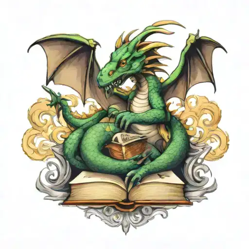 books and dragons intertwined tattoo design idea