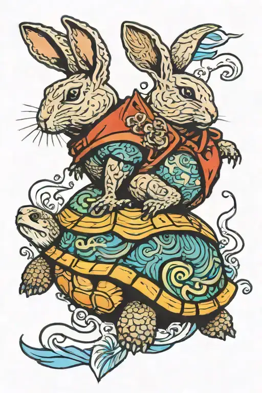 rabbit on a turtle rides a wave tattoo design idea