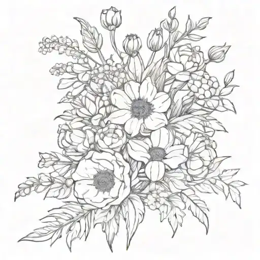 birth flowers bouquet for 2 October, 1 February, 1 July, and 1 August  tattoo design idea