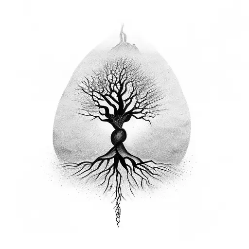A resilient tree with roots intertwined with indigenous symbols tattoo design idea