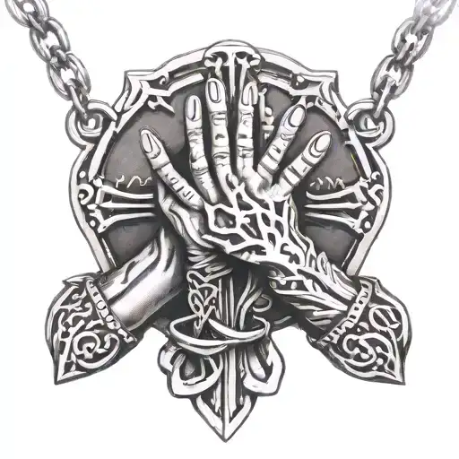 Praying Hands necklace wrapped loosely with cross surrounded tattoo design idea