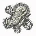 Praying Hands necklace wrapped loosely with cross surrounded tattoo design idea