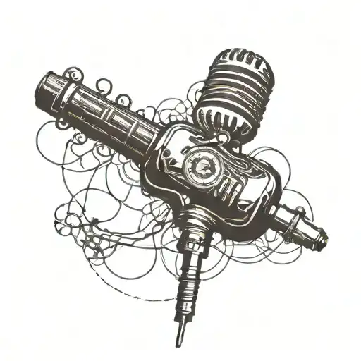 An abstract design combining elements of bourbon, Elvis Presley, Baltimore Ravens, and a vintage microphone in a blackwork style tattoo design idea