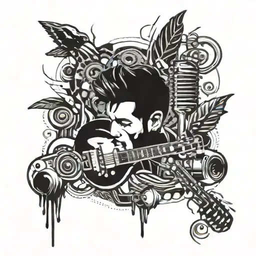 An abstract design combining elements of bourbon, Elvis Presley, Baltimore Ravens, and a vintage microphone in a blackwork style tattoo design idea