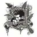 An abstract design combining elements of bourbon, Elvis Presley, Baltimore Ravens, and a vintage microphone in a blackwork style tattoo design idea