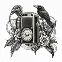 An abstract design combining elements of bourbon, Elvis Presley, Baltimore Ravens, and a vintage microphone in a blackwork style tattoo design idea