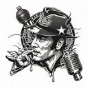 An abstract design combining elements of bourbon, Elvis Presley, Baltimore Ravens, and a vintage microphone in a blackwork style tattoo design idea