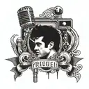 An abstract design combining elements of bourbon, Elvis Presley, Baltimore Ravens, and a vintage microphone in a blackwork style tattoo design idea