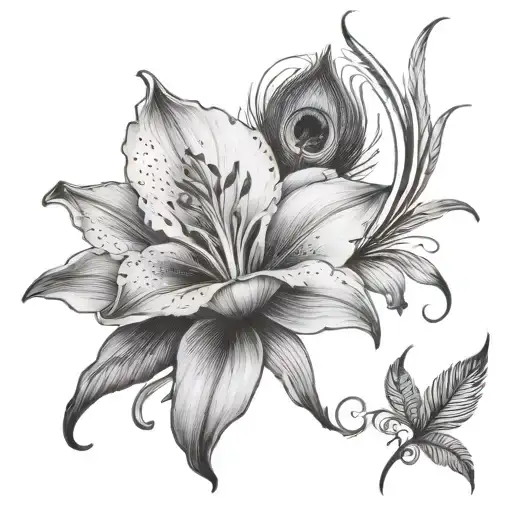 stargazer lily and peacock feather tattoo design idea