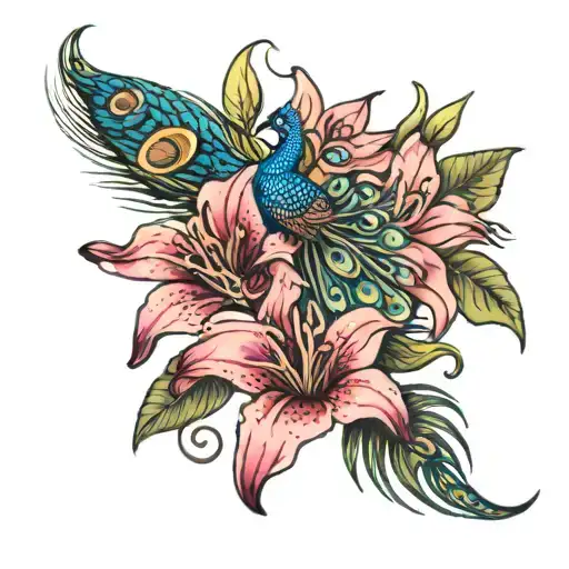 stargazer lily and peacock feather  tattoo design idea