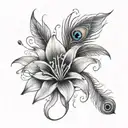 stargazer lily and peacock feather tattoo design idea