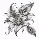 stargazer lily and peacock feather tattoo design idea