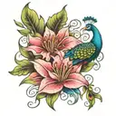 stargazer lily and peacock feather  tattoo design idea