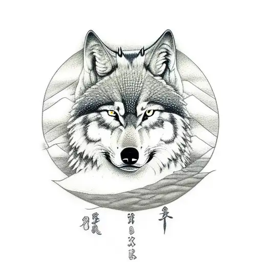 samurai with wolf and moon tattoo design idea