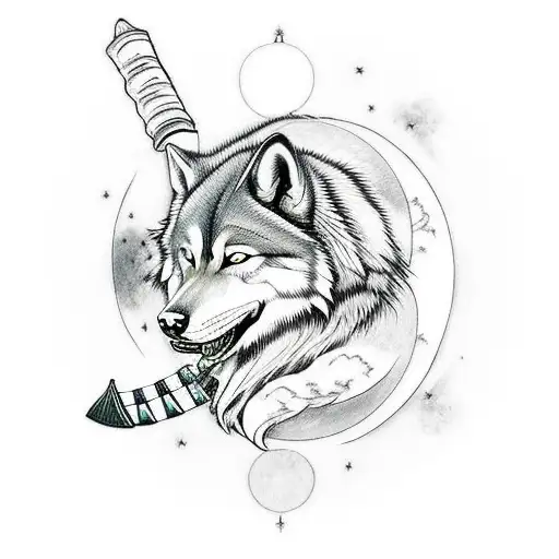 miyamoto musashi samurai with wolf and moon tattoo design idea
