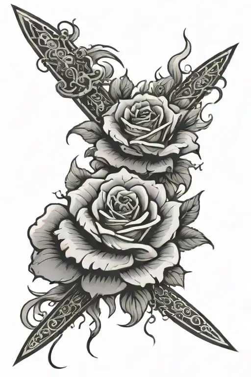 Rose and sword clouds with lightning bolts tattoo design idea