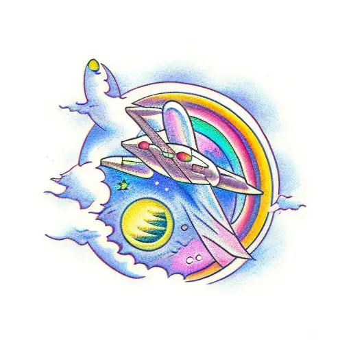 A mysterious moon with a rainbow-colored spaceship flying towards it tattoo design idea