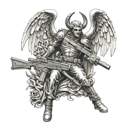 arch angel Michael with rifle to satans head tattoo holding tattoo design idea