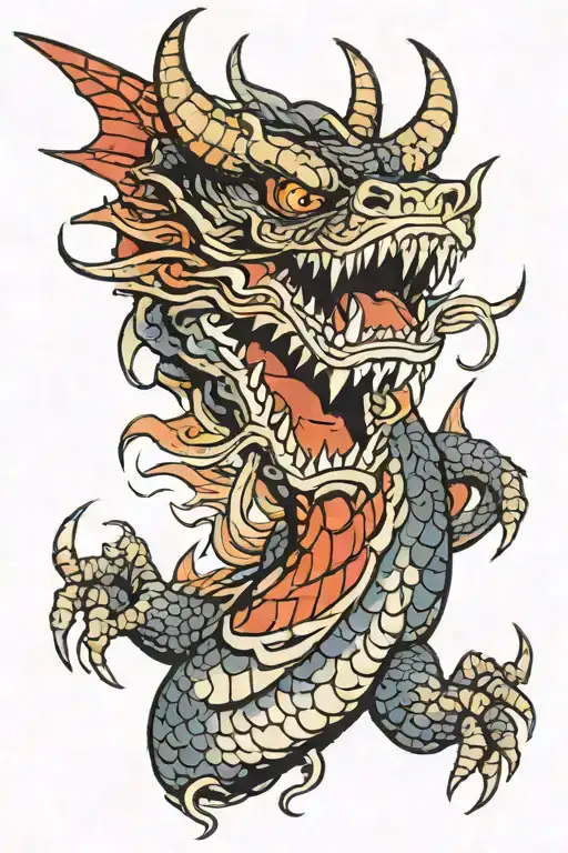 creepy dragon with big teeth & scary wings face tattoo tattoo design idea