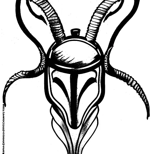 black and white sketch drawing of an old dive suit but instead of the helmet it has a satanic goat head with long horns  tattoo design idea