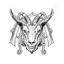 black and white sketch drawing of an old dive suit but instead of the helmet it has a satanic goat head with long horns  tattoo design idea