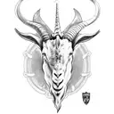 black and white sketch drawing of an old dive suit but instead of the helmet it has a satanic goat head with long horns  tattoo design idea