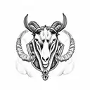 black and white sketch drawing of an old dive suit but instead of the helmet it has a satanic goat head with long horns  tattoo design idea