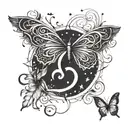 An infinity symbol made of intertwined stars and moons, with a delicate feather and butterfly in the design tattoo design idea