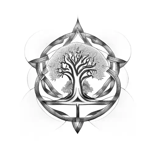 A mystical tree of life intertwined with Celtic symbols tattoo design idea