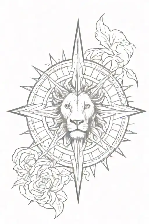 Lion and compass rose growing tattoo design idea