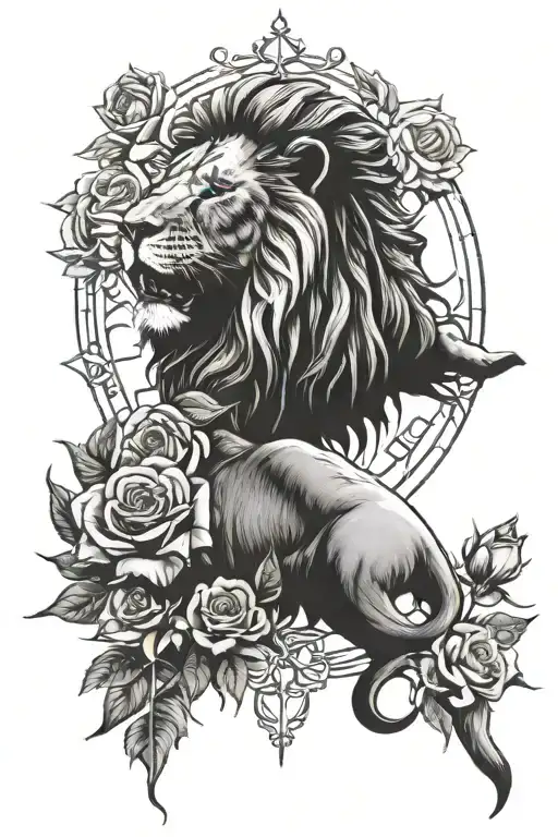 Lion and roses and compass rose tattoo design idea