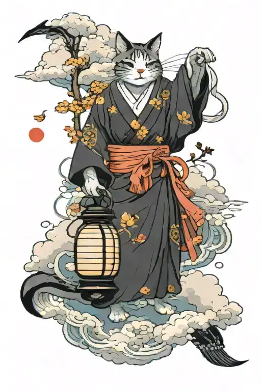 Nekomata wearing a Kimono holding a lantern. Background is clouds and windbars. Autumn themed tattoo design idea