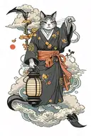 Nekomata wearing a Kimono holding a lantern. Background is clouds and windbars. Autumn themed tattoo design idea