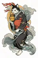 Nekomata wearing a Kimono holding a lantern. Background is clouds and windbars. Autumn themed tattoo design idea