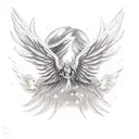 angel & demon god with wings, feathers falling off the wing and turning into birds with world, stars, cosmos in the back tattoo design idea