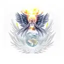 angel & demon god with wings, feathers falling off the wing and turning into birds with world, stars, cosmos in the back tattoo design idea