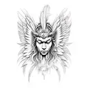 angel & demon god with wings, feathers falling off the wing and turning into birds with world, stars, cosmos in the back tattoo design idea