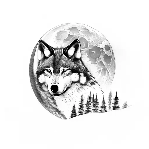 a wolf on top of a hill surrounded by forest howling at the moon tattoo design idea