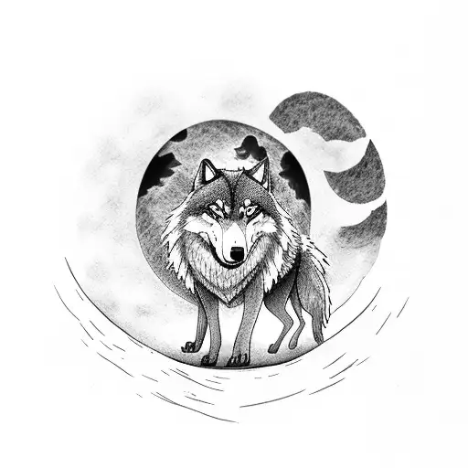 a wolf on top of a stone surrounded by forest howling at the moon tattoo design idea