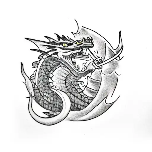 A dragon breathing fire while smoking a joint tattoo design idea