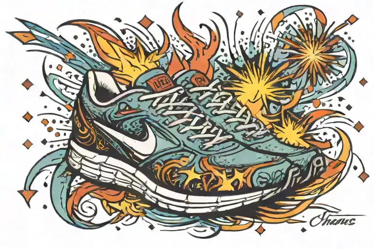 running shoe fireworks emanating tattoo design idea