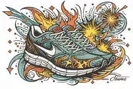 running shoe fireworks emanating tattoo design idea