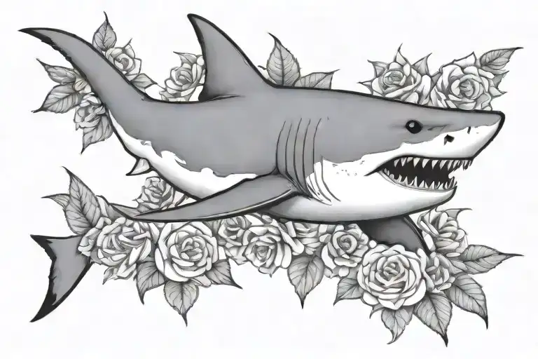 Great White Shark with flowers surrounding tattoo design idea