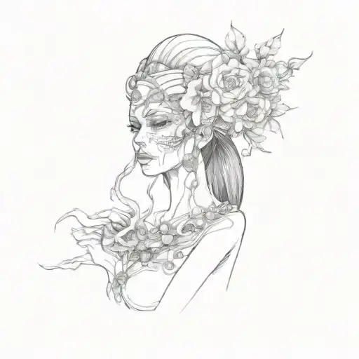 a woman with a skull on her head full black ink with shadows  tattoo design idea