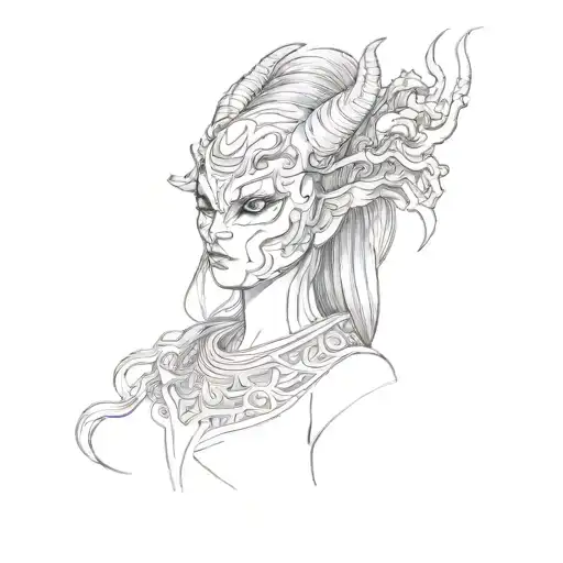 a woman with a mask of Japan demon on her head, no dragons, her eyes with withe color and full black ink with shadows  tattoo design idea