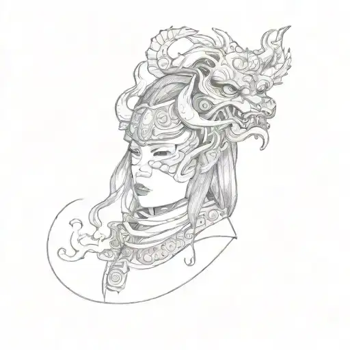 a woman with a mask of Japan demon on her head  and her mouth full black ink with shadows  tattoo design idea