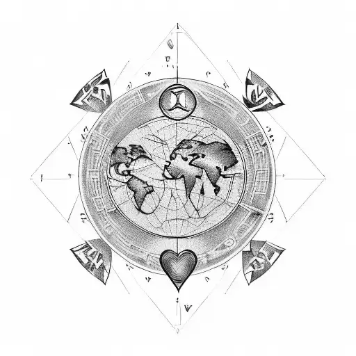 generate a tattoo on world map with heart on left side and compass in middle of world map  tattoo design idea