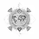 generate a tattoo on world map with heart on left side and compass in middle of world map  tattoo design idea